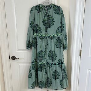 Sage Green Floral Button-Front Tiered Midi Dress